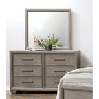 Ensemble de chambre à coucher 6 pièces en bois gris – Lit rembourré, commode, miroir, 2 tables de chevet et chiffonnier