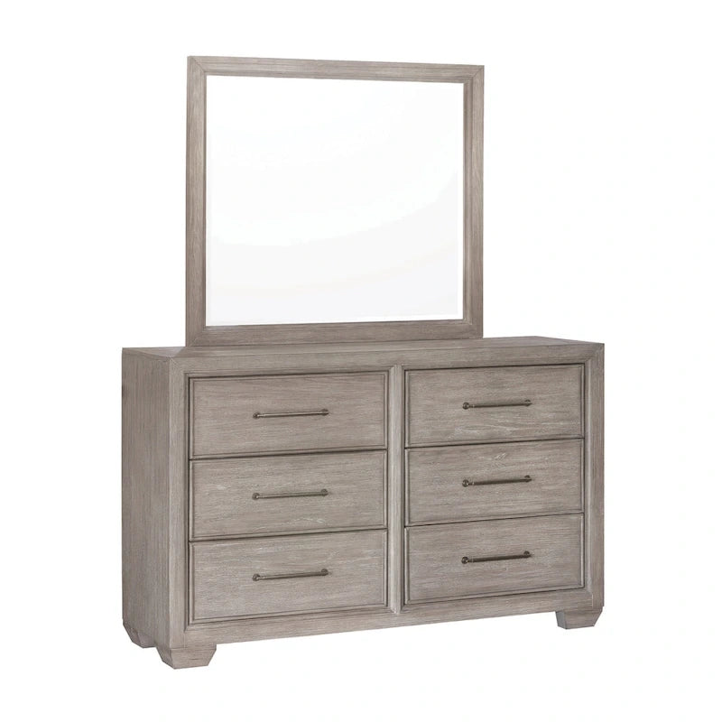 Ensemble de chambre à coucher 6 pièces en bois gris – Lit rembourré, commode, miroir, 2 tables de chevet et chiffonnier