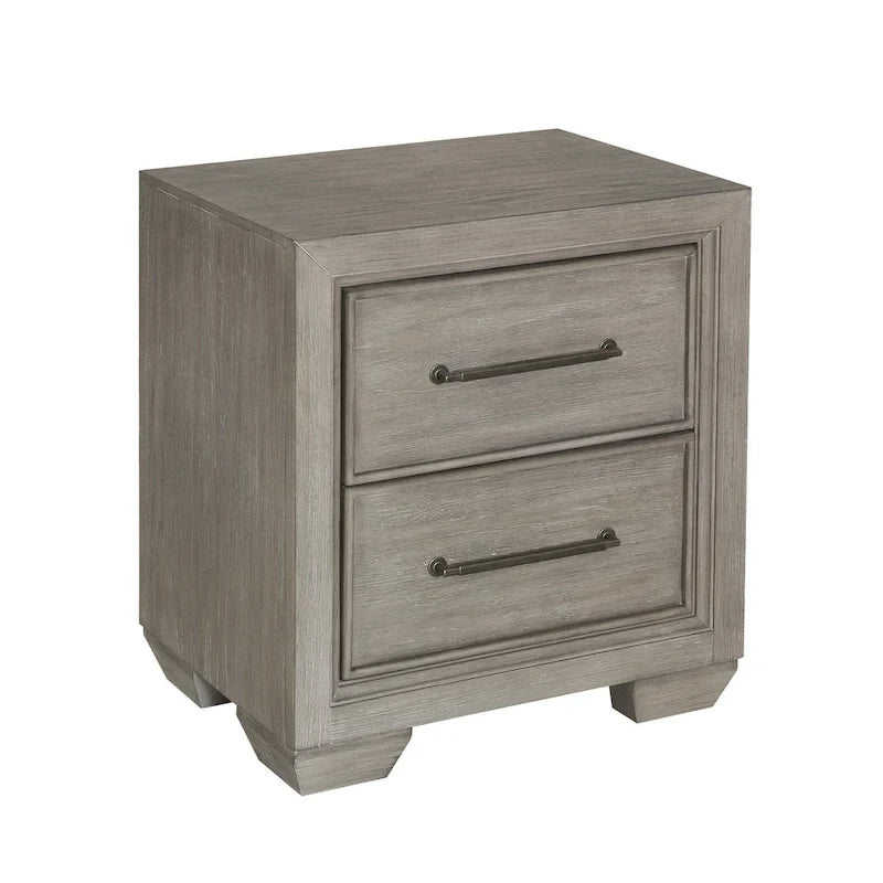 Ensemble de chambre à coucher 6 pièces en bois gris – Lit rembourré, commode, miroir, 2 tables de chevet et chiffonnier