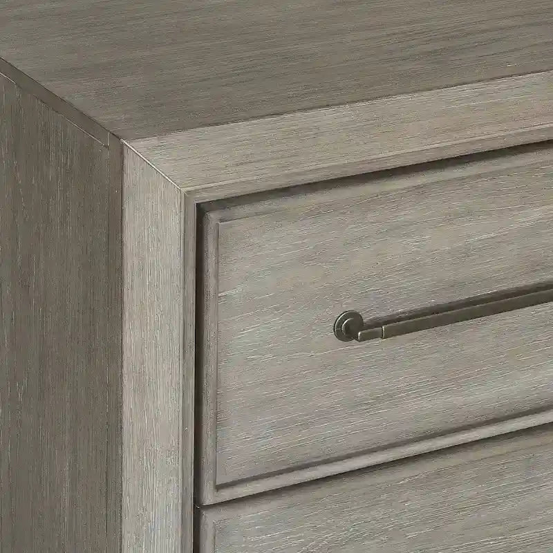Ensemble de chambre à coucher 6 pièces en bois gris – Lit rembourré, commode, miroir, 2 tables de chevet et chiffonnier