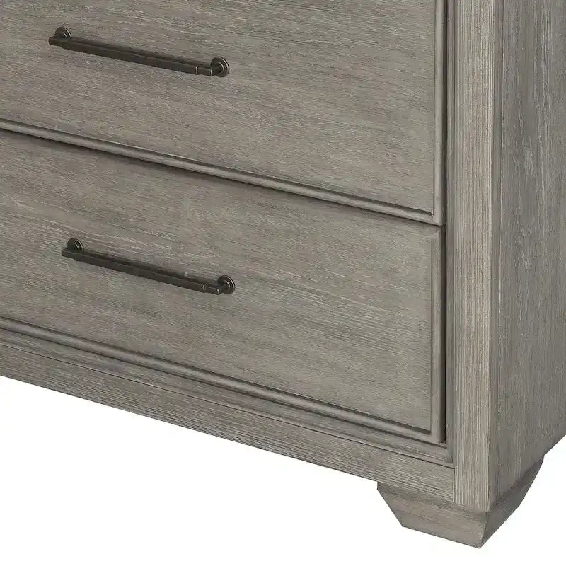 Ensemble de chambre à coucher 6 pièces en bois gris – Lit rembourré, commode, miroir, 2 tables de chevet et chiffonnier