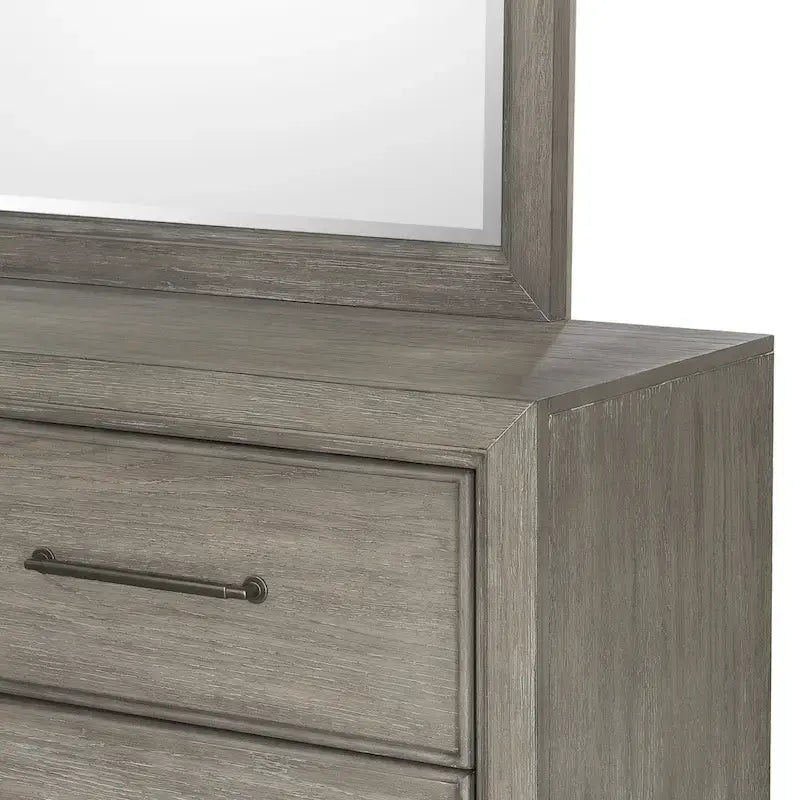 Ensemble de chambre à coucher 6 pièces en bois gris – Lit rembourré, commode, miroir, 2 tables de chevet et chiffonnier