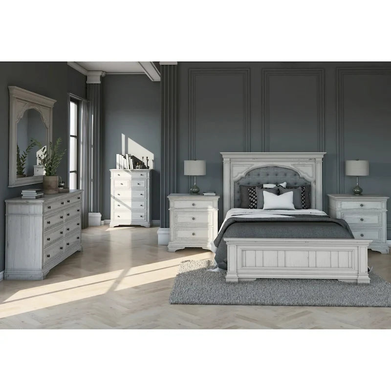 Ensemble de chambre à coucher 6 pièces avec panneaux rembourrés – Tête de lit capitonnée et garniture cloutée