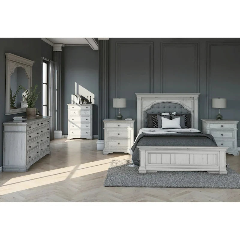 Ensemble de chambre à coucher 6 pièces avec panneaux rembourrés – Tête de lit capitonnée et garniture cloutée