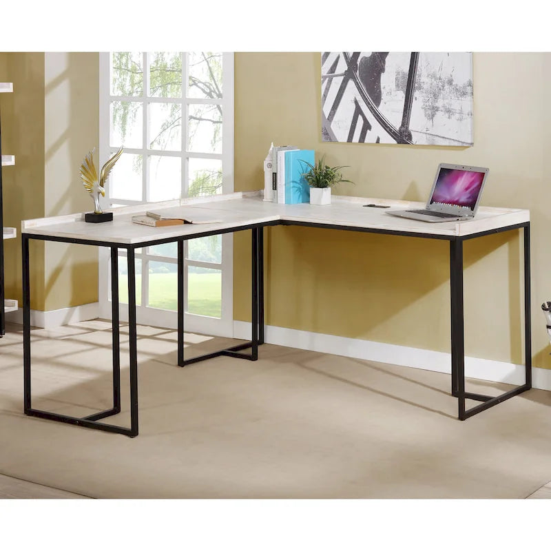 Bureau d'angle industriel 150 cm – Cadre en métal, ports USB et prise de courant