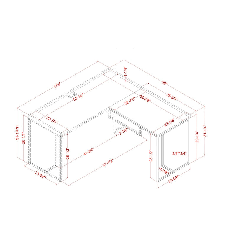 Bureau d'angle industriel 150 cm – Cadre en métal, ports USB et prise de courant