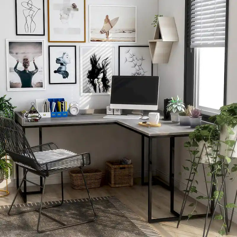Bureau d'angle industriel 150 cm – Cadre en métal, ports USB et prise de courant