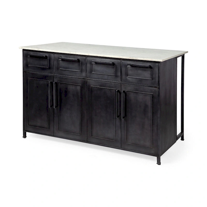 Îlot de cuisine Fieri avec plateau en marbre blanc et cadre en fer massif noir - 58 l x 32 P x 37 H