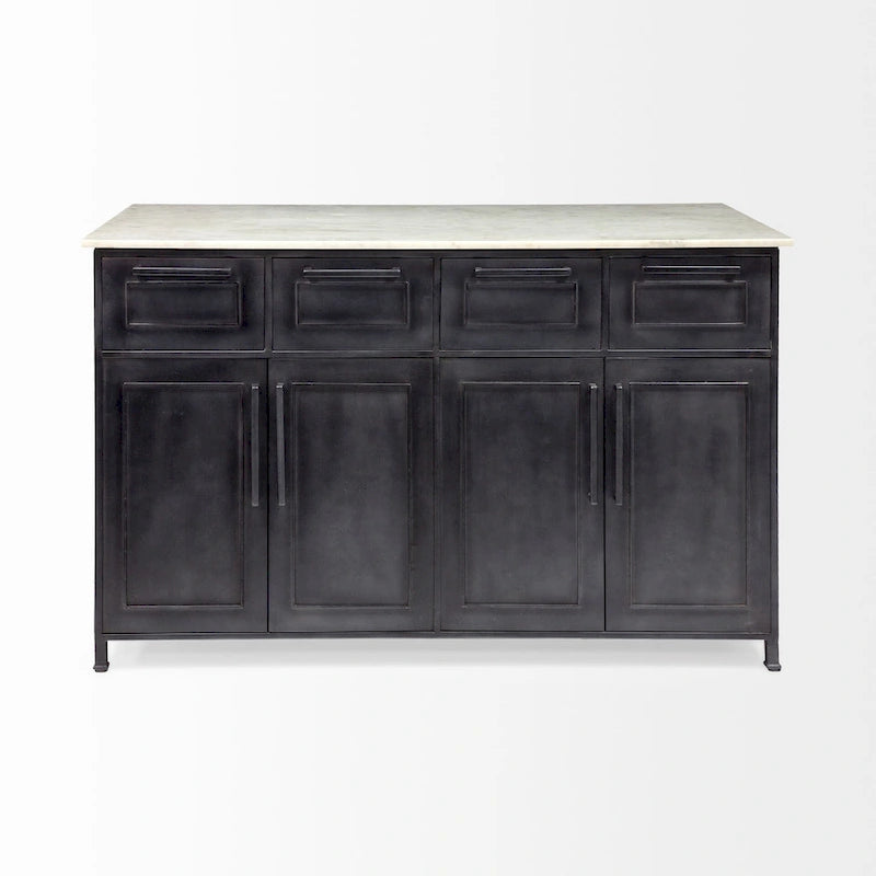 Îlot de cuisine Fieri avec plateau en marbre blanc et cadre en fer massif noir - 58 l x 32 P x 37 H