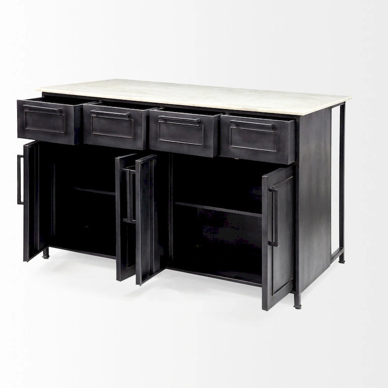 Îlot de cuisine Fieri avec plateau en marbre blanc et cadre en fer massif noir - 58 l x 32 P x 37 H
