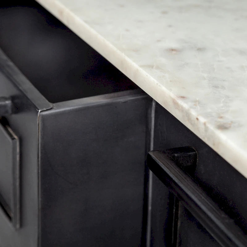 Îlot de cuisine Fieri avec plateau en marbre blanc et cadre en fer massif noir - 58 l x 32 P x 37 H
