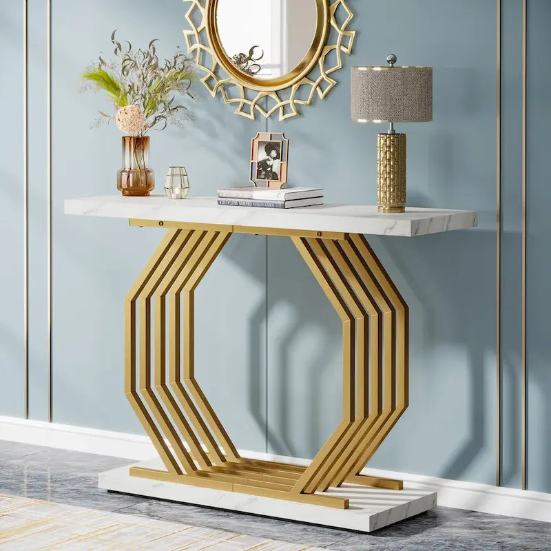 Console de salon 39,37 or, table basse en marbre blanc moderne avec base géométrique en métal