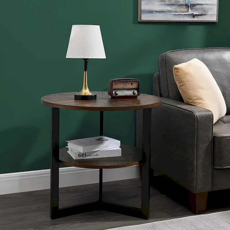 Table d'appoint ronde grande avec étagère de rangement - 25,2 po x 24 po