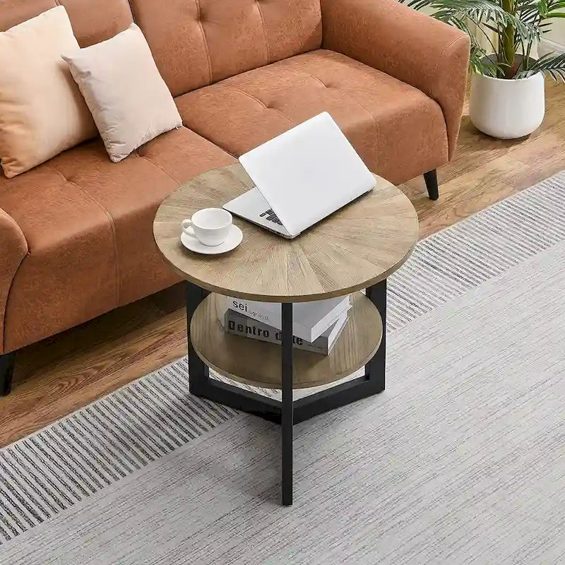 Table d'appoint ronde grande avec étagère de rangement - 25,2 po x 24 po