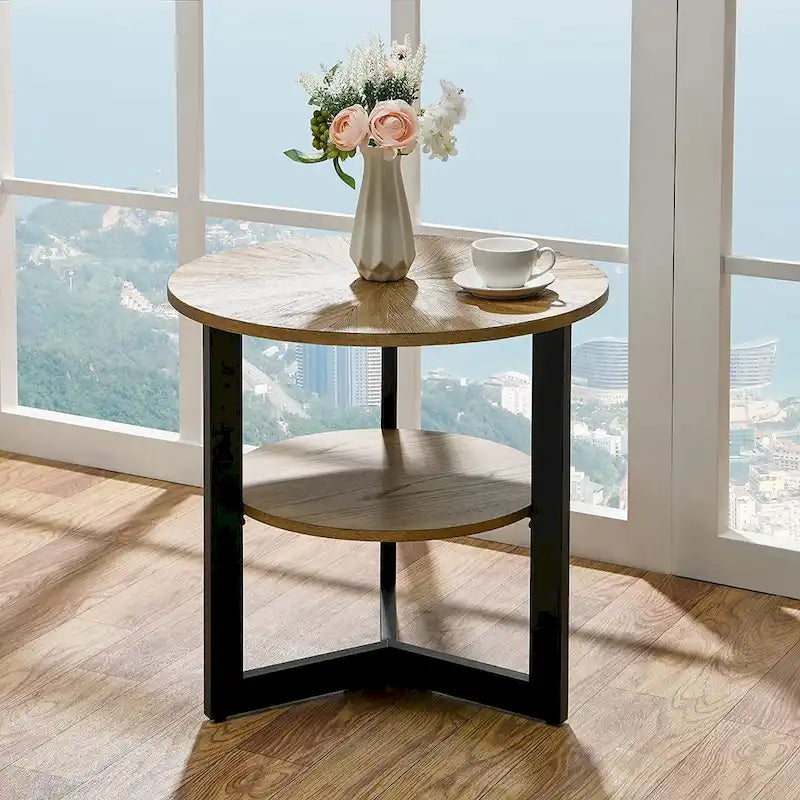 Table d'appoint ronde grande avec étagère de rangement - 25,2 po x 24 po