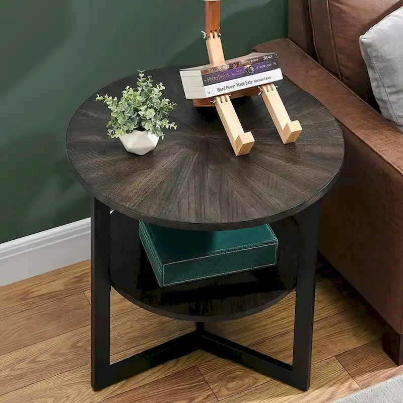 Table d'appoint ronde grande avec étagère de rangement - 25,2 po x 24 po
