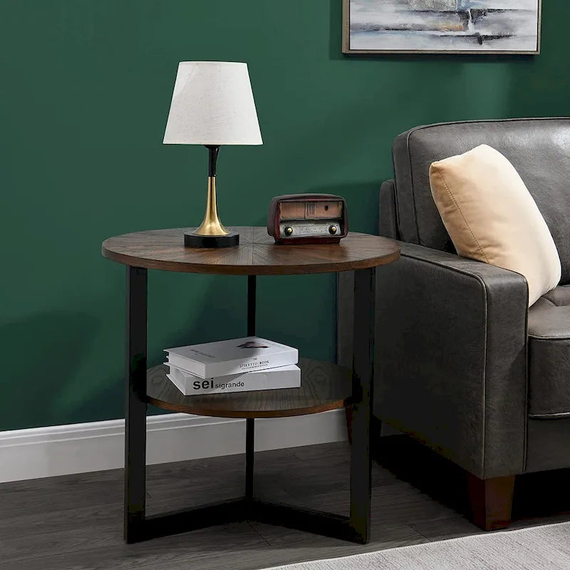 Table d'appoint ronde grande avec étagère de rangement - 25,2 po x 24 po