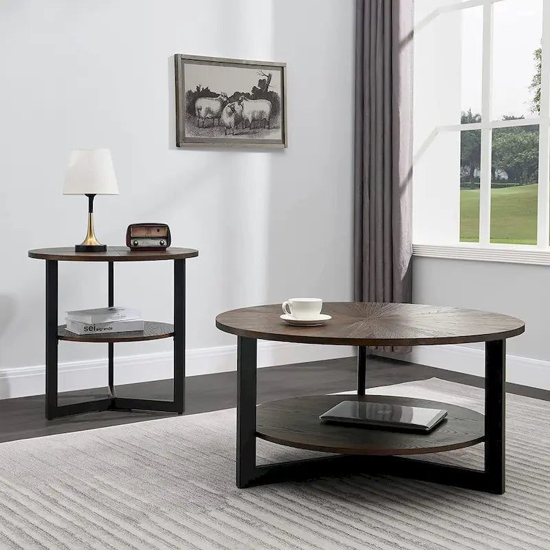 Table d'appoint ronde grande avec étagère de rangement - 25,2 po x 24 po
