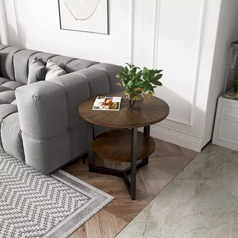 Table d'appoint ronde grande avec étagère de rangement - 25,2 po x 24 po