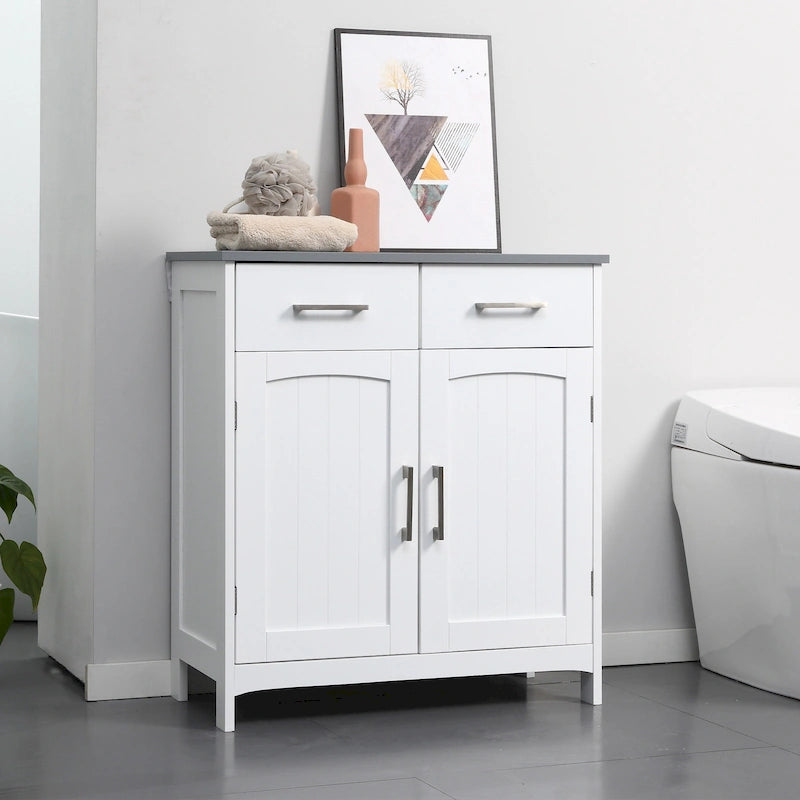 Meuble de salle de bain sur pied – Rangement pour le linge, 2 tiroirs et portes doubles