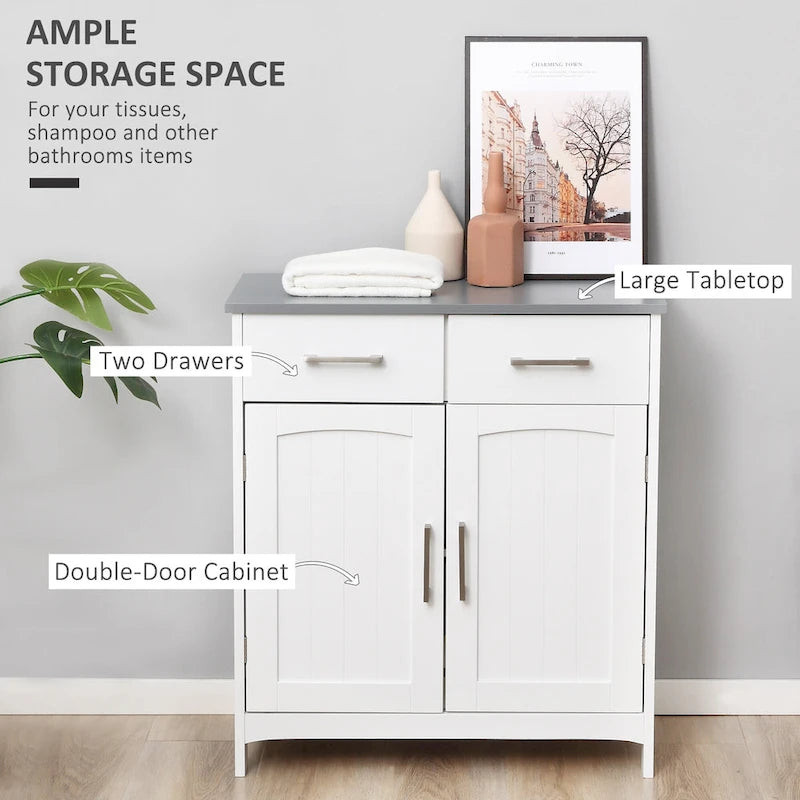 Meuble de salle de bain sur pied – Rangement pour le linge, 2 tiroirs et portes doubles