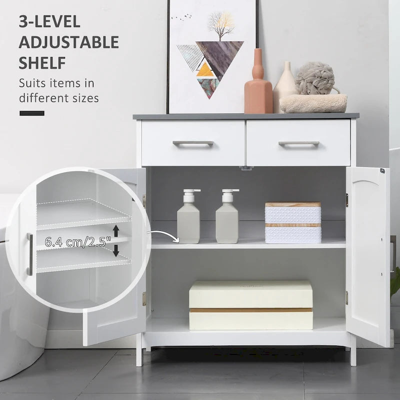 Meuble de salle de bain sur pied – Rangement pour le linge, 2 tiroirs et portes doubles