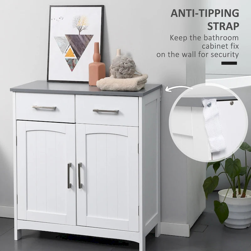 Meuble de salle de bain sur pied – Rangement pour le linge, 2 tiroirs et portes doubles