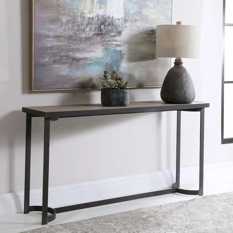 Console de style pavillon Uttermost Basuto 62 avec plateau en placage de chêne et fer forgé