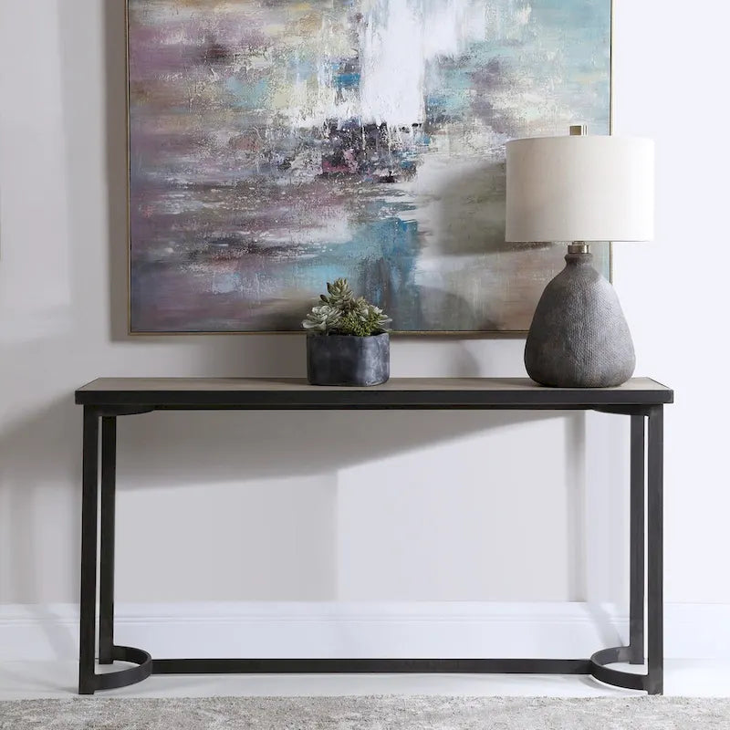 Console de style pavillon Uttermost Basuto 62 avec plateau en placage de chêne et fer forgé