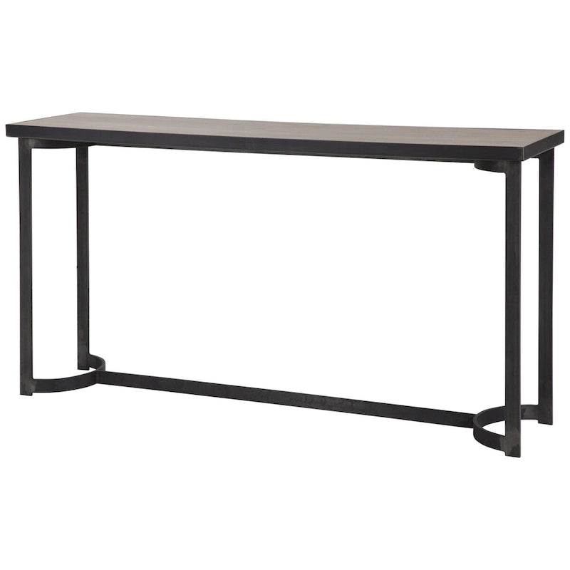 Console de style pavillon Uttermost Basuto 62 avec plateau en placage de chêne et fer forgé