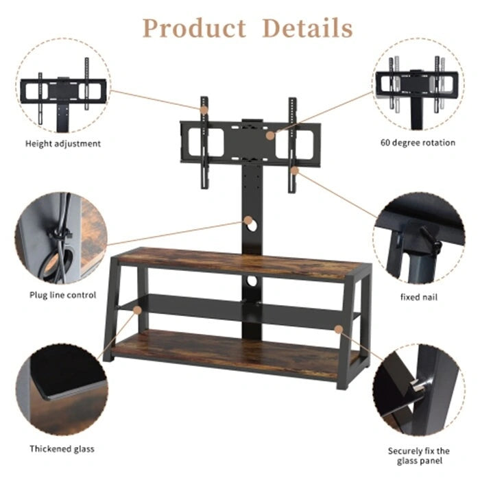Meuble TV en bois avec verre trempé noir, centre de divertissement pivotant réglable avec support TV