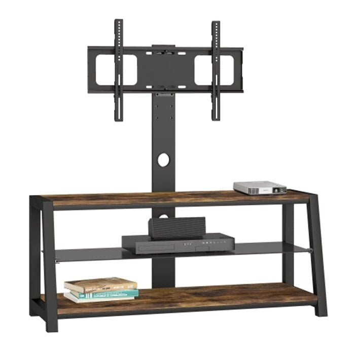 Meuble TV en bois avec verre trempé noir, centre de divertissement pivotant réglable avec support TV
