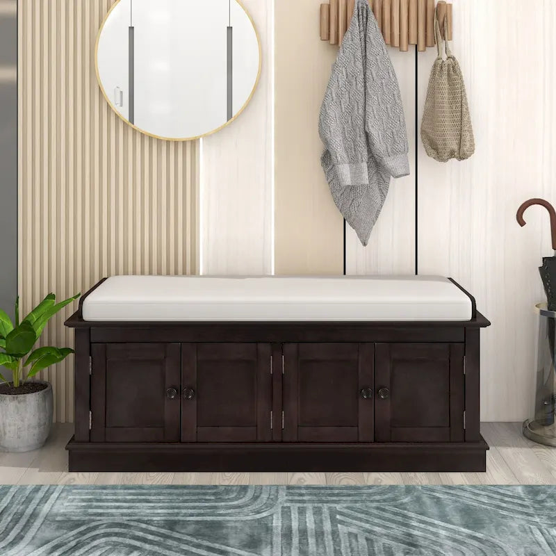 Banc à chaussures avec rangement, 4 portes et étagères réglables, coussin amovible