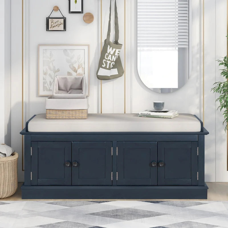 Banc à chaussures avec rangement, 4 portes et étagères réglables, coussin amovible