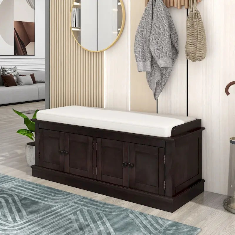 Banc à chaussures avec rangement, 4 portes et étagères réglables, coussin amovible