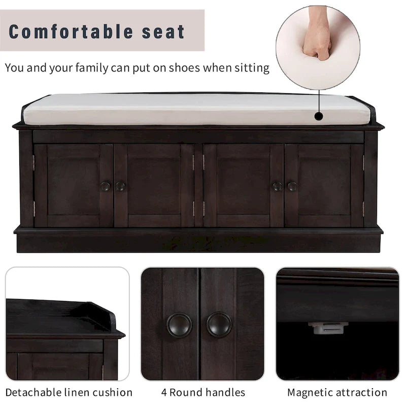 Banc à chaussures avec rangement, 4 portes et étagères réglables, coussin amovible