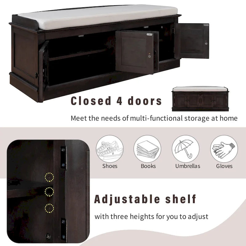 Banc à chaussures avec rangement, 4 portes et étagères réglables, coussin amovible
