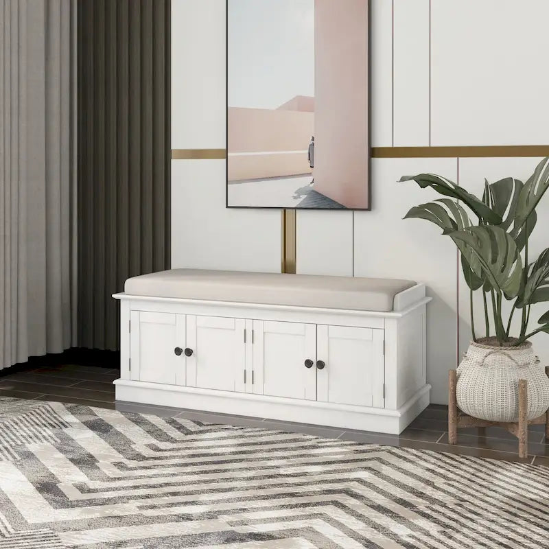 Banc à chaussures avec rangement, 4 portes et étagères réglables, coussin amovible