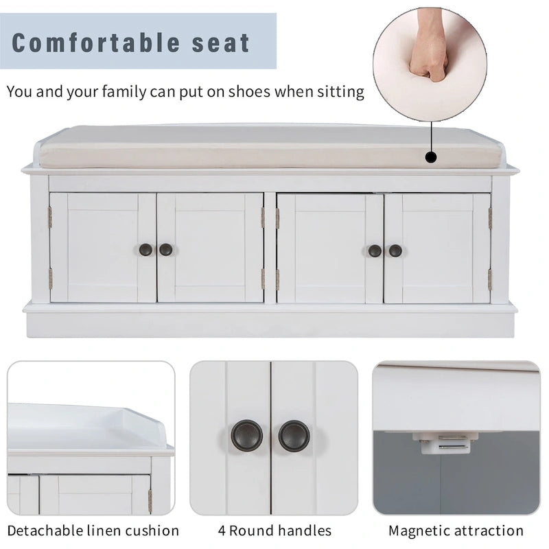 Banc à chaussures avec rangement, 4 portes et étagères réglables, coussin amovible
