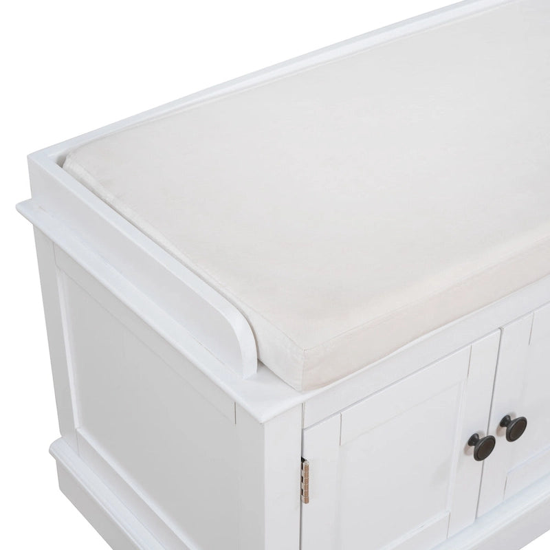 Banc à chaussures avec rangement, 4 portes et étagères réglables, coussin amovible