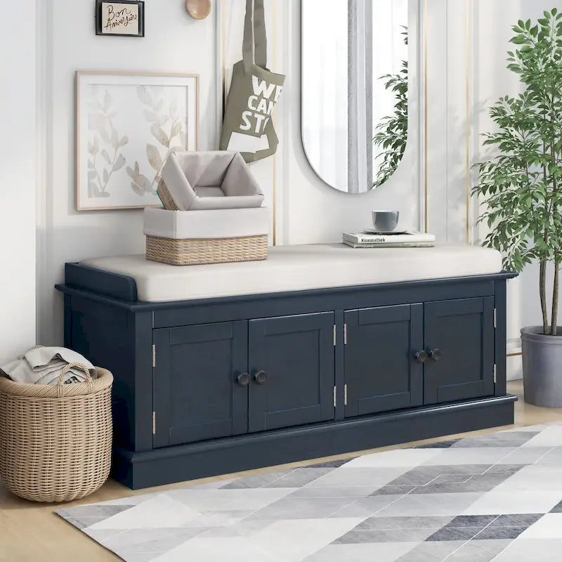 Banc à chaussures avec rangement, 4 portes et étagères réglables, coussin amovible
