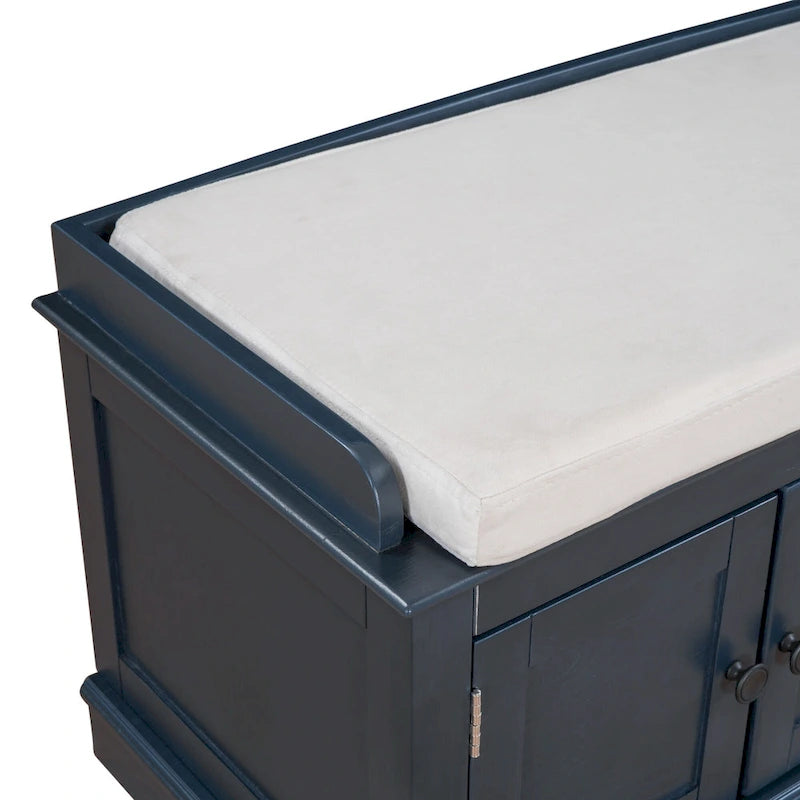 Banc à chaussures avec rangement, 4 portes et étagères réglables, coussin amovible