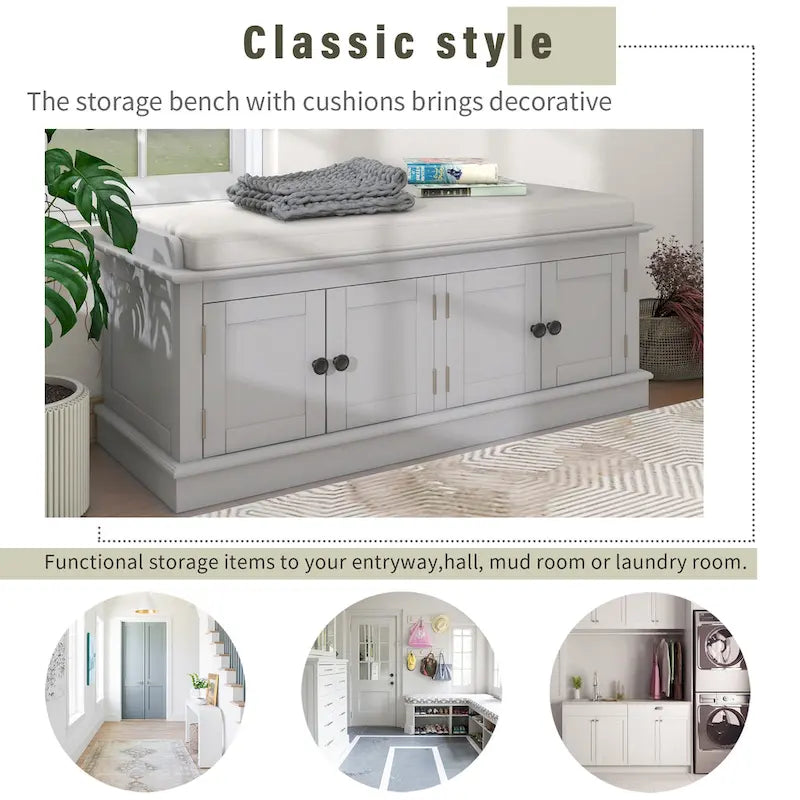Banc à chaussures avec rangement, 4 portes et étagères réglables, coussin amovible