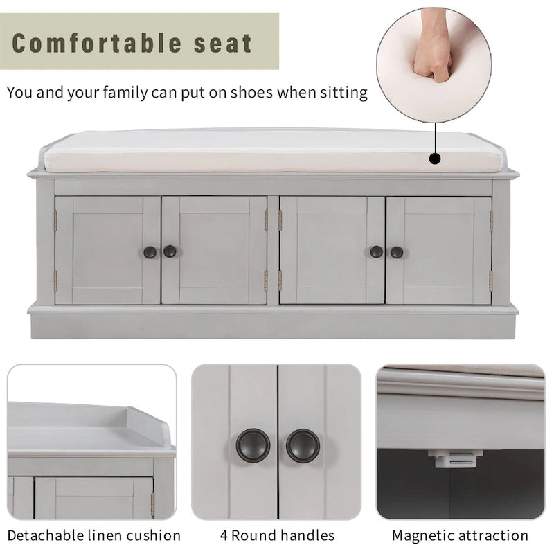 Banc à chaussures avec rangement, 4 portes et étagères réglables, coussin amovible