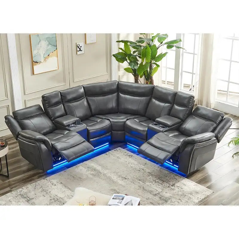 Canapé d'angle inclinable électrique avec lumière LED, fauteuil inclinable en similicuir, en forme de L, porte-gobelet, port USB pour salon, noir