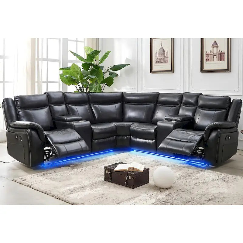 Canapé d'angle inclinable électrique avec lumière LED, fauteuil inclinable en similicuir, en forme de L, porte-gobelet, port USB pour salon, noir