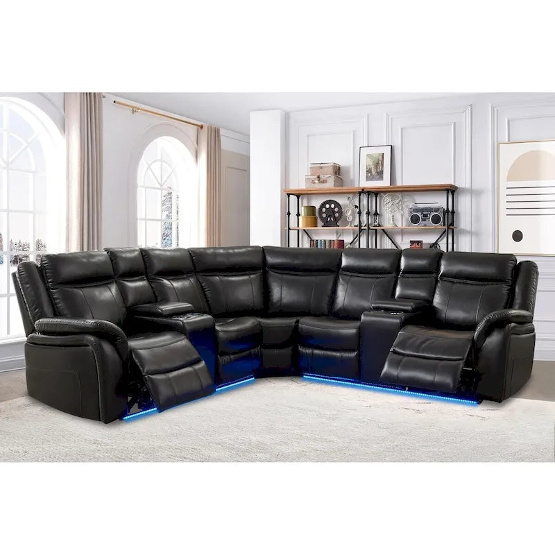 Canapé d'angle inclinable électrique avec lumière LED, fauteuil inclinable en similicuir, en forme de L, porte-gobelet, port USB pour salon, noir