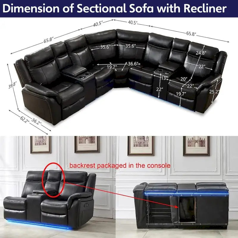 Canapé d'angle inclinable électrique avec lumière LED, fauteuil inclinable en similicuir, en forme de L, porte-gobelet, port USB pour salon, noir