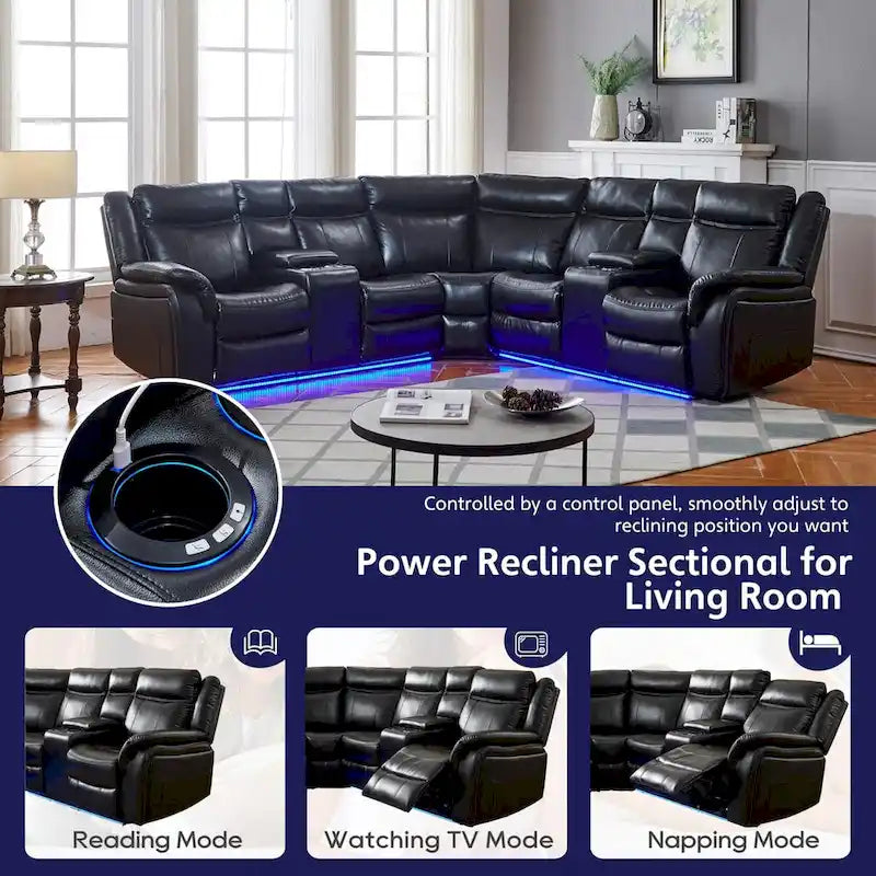 Canapé d'angle inclinable électrique avec lumière LED, fauteuil inclinable en similicuir, en forme de L, porte-gobelet, port USB pour salon, noir