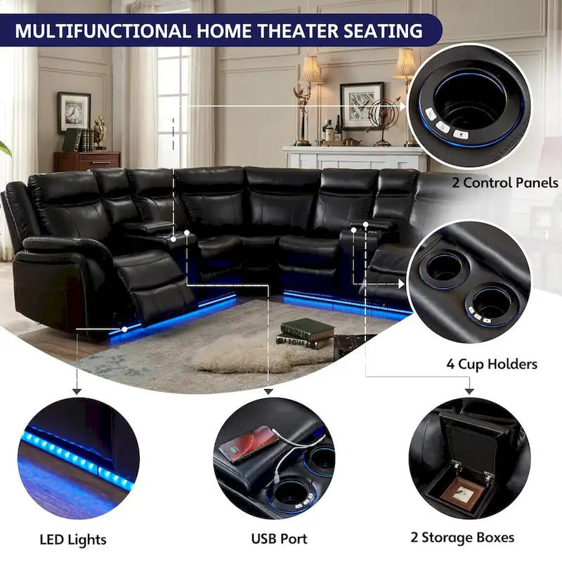 Canapé d'angle inclinable électrique avec lumière LED, fauteuil inclinable en similicuir, en forme de L, porte-gobelet, port USB pour salon, noir